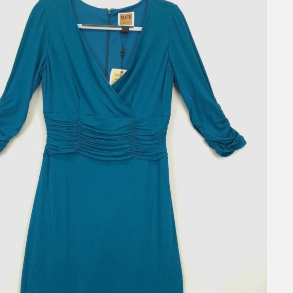 NWT NUE by Shani Teal Body Architecture Dress Women 10 Ruched V Neck 3/4 Sleeve